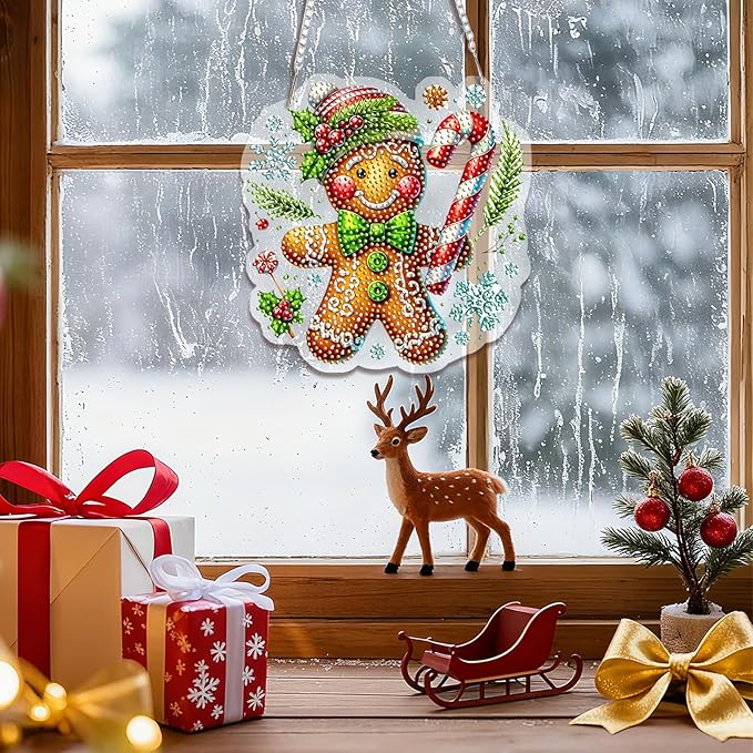EMIEAUFG Christmas Diamond Art Hanging Kit for Adult, Xmas Gingerbread Diamond Art Pendants, Double Sided Acrylic & 5D Special Shaped Rhinestone, Christmas DIY Ornament for Window Home Wall Decor