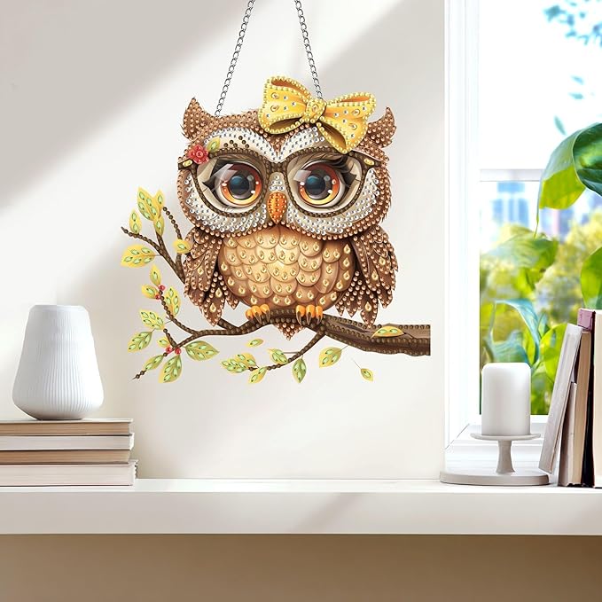Wergund 5D DIY Owl Diamond Art Hanging Kits, Hanging Diamond Art Birds, Acrylic Special Shaped Rhinestone, Window Hanging Pendants for Home Wall Garden Front Door Outdoor Decor Gift(Owl)