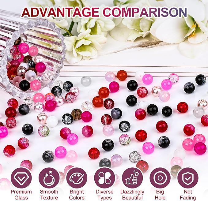 XSEINO About 1200PCS 8mm Glass Beads Bracelet Making Kit,48 Assorted Red and Black-White Series Colorful Crystal Beads for Making and DIY Crafts