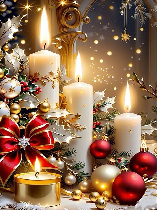MUNORIAY Christmas Diamond Painting Kits for Adults, Christmas Candle Diamond Art Kits for Beginners, 5D DIY Xmas Full Drill Diamond Dots Gem Art Crafts Kits for Wall Home Decor 12x16 Inch