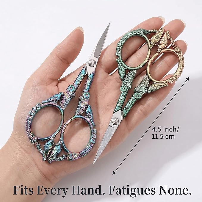 Crochet Scissors with Cover 2 Pack – Vintage Small Embroidery Scissors Set, Sharp Craft Scissors for Yarn Thread Sewing Needlework, Rainbow & Green Bronze Bird Gift for Crocheter, 4.6 Inch