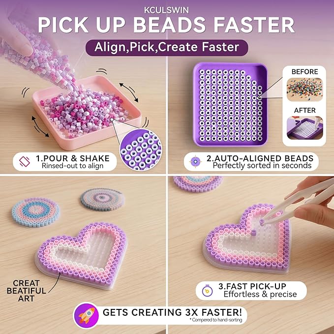 2 Pcs 5mm Fuse Beads Picking Tray Kit with Total 296 Holes, Efficient Sorting Tools with Effortless Beads Recovery, Birthday Easter Gifts for Iron Bead Enthusiasts (Pink and Purple)