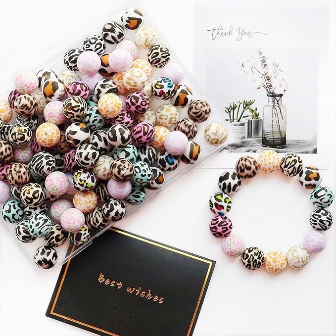 120pcs 15mm Bulk Silicone Beads for Pens, Keychains, Necklaces and Bracelets - Assorted Rubber Beads Set (Print Leopard)