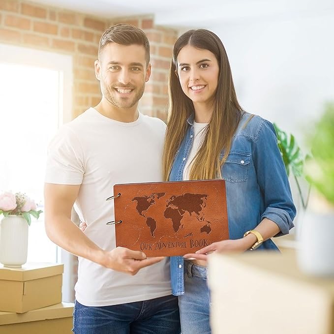 Our Adventure Book 3D Wooden Cover Scrapbook - 11.92 x 7.62" Timeless Memory Journal for Unforgettable Adventures & Precious Moments - Ideal for Anniversaries, Travel & Couple Gifts (3D Map Style)