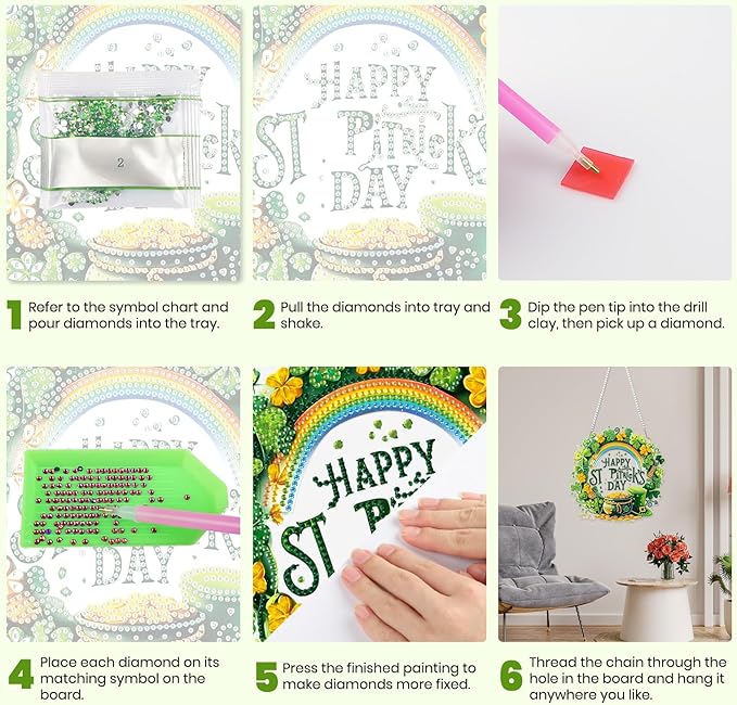 MXJSUA St. Patrick's Day Diamond Art Hanging Kits for Adults Beginners, Crystal Diamond Suncatchers, Special Shape Diamond Painting Pendant Window Ornament Gifts for Home Garden Door Wall Decor