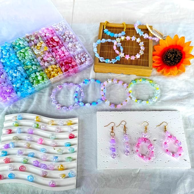 1000Pcs Acrylic Star Beads Hart Beads for Bracelet Jewelry Making, ABS Cute Acrylic Pastel Bead Colorful Assorted Aesthetic Rianbow Kawaii Bead Bulk for Bracelet DIY Craft Earring Phone Charm