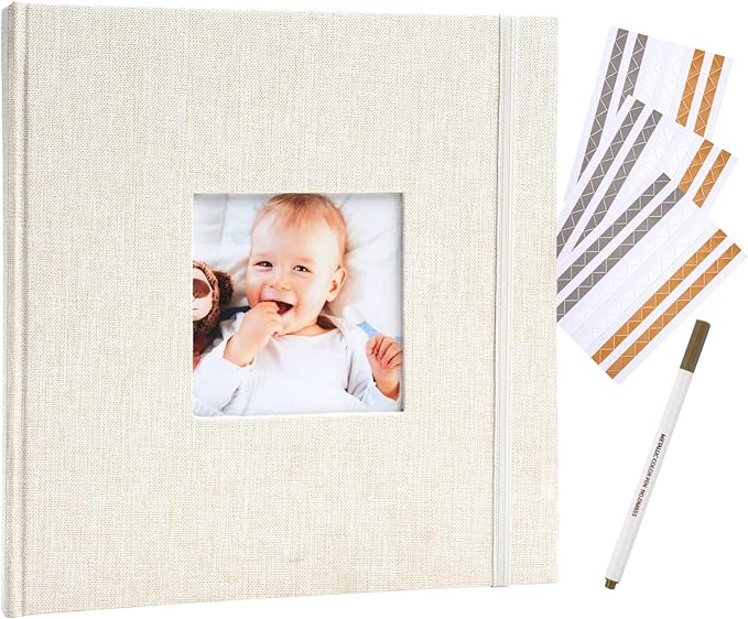 Scrapbook Album, 8"x8" DIY Photo Album with Square Window Linen Cover Kraft Paper 32 Sheets, Stylish Memory Book for Wedding, Anniversary, Family, Travel, Beige