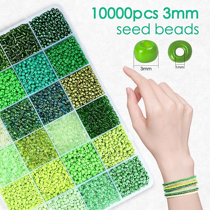 Vtssvow 3mm Glass Seed Beads for Bracelets Making, 24 Colors 10000pcs Friendship Bracelet Making Kit, Small Glass Beads for Jewelry Making (Mix 24 Color, Green)