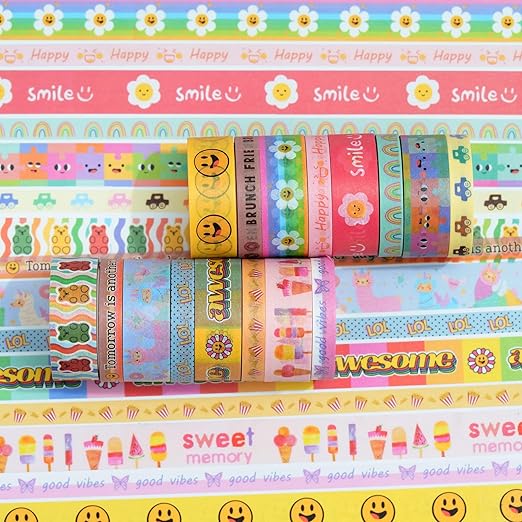 YUBX Cute Cartoon Washi Tape Set 16 Rolls Bright Colors Kawaii Masking Graphic Decorative Tapes for Arts, DIY Crafts, Journals, Planners, Scrapbook, Wrapping