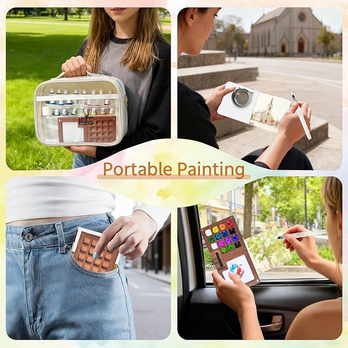 Mini Watercolor Travel Paint Set,34Pcs Artist Watercolor Palette Travel Set with Colors,Wooden Paint Box,Brush,Holder,Oil Cup,Plastic Bottles Storage Bag for Beginners Artists Student(15 Grids)