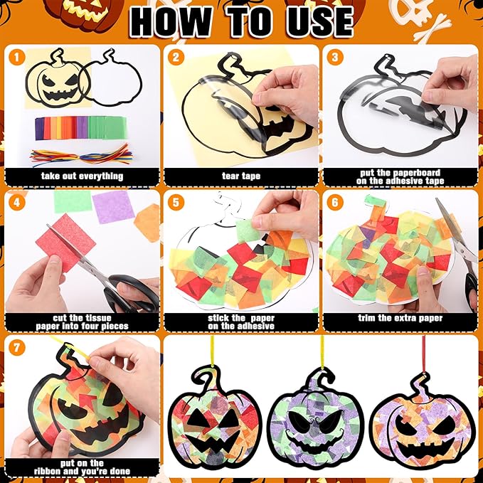 Yaomiao 30 Set Halloween Pumpkin Suncatchers Paper Crafts Kit DIY Shaped Stained Glass Effect Tissue Paper Hanging Suncatchers for Halloween Home Birthday Party Favors Gifts