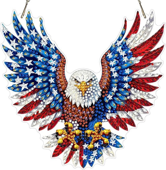 MXJSUA American Flag Eagle Diamond Painting Art Window Suncatchers, Diamond Art Kits for Adults Hanging Ornaments with Chain, 5D Special Shape Crystal Diamond Pendant Accessories for Decor Gift