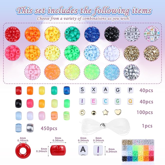 XIANNVXI 530pcs Pony Beads Kit for Friendship Bracelet 18color 9mm Pony Kandi Letter Beads Kit for Jewelry Making Crafts