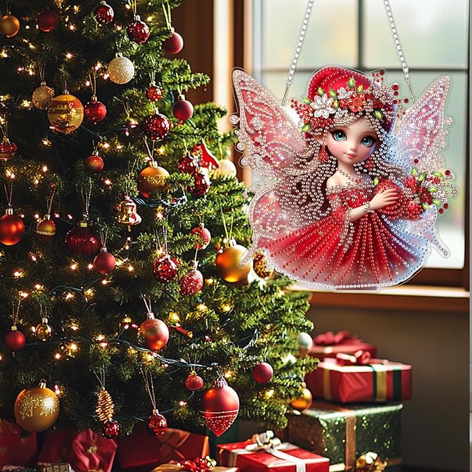 SENQAO Fairy Diamond Art Hanging Kits for Adults, Christmas Diamond Art Suncatchers, 5D Special Shape Diamond Painting Pendant Window Ornament Gifts for Home Garden Door Wall Decor