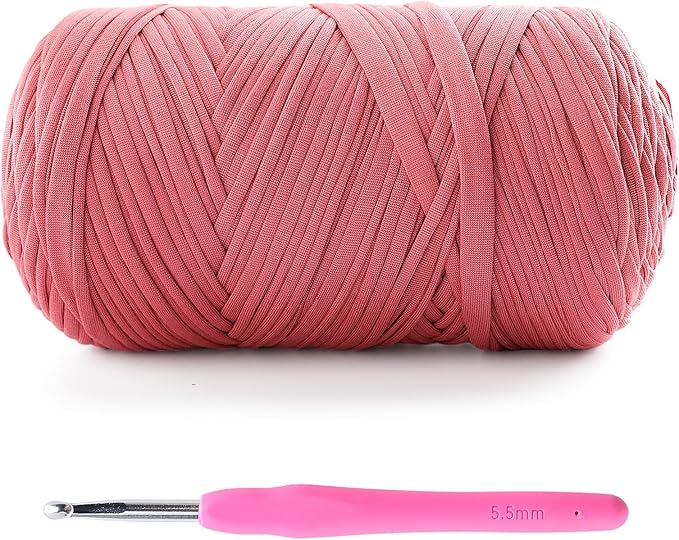 T-Shirt Yarn for Crochet - 400g/130yds Elastic Fabric - Soft, Breathable, Comfortable - Perfect for Bags, Slippers, Home Decor - Includes 1 Leather Pink Crochet Hook (G/6, 4.5mm)