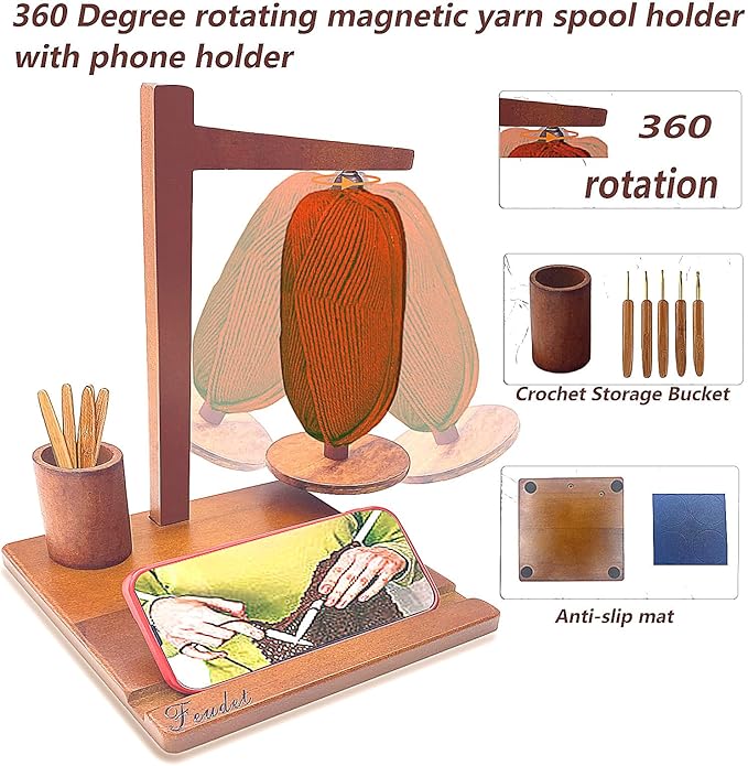 Feudet Wooden Yarn Holder with Phone Stand for Crocheting & Knitting，Magnetict Yarn Ball Holder Spinner Organizer with Crochet Hook Storage (Natural Wood Gift for Crocheters)