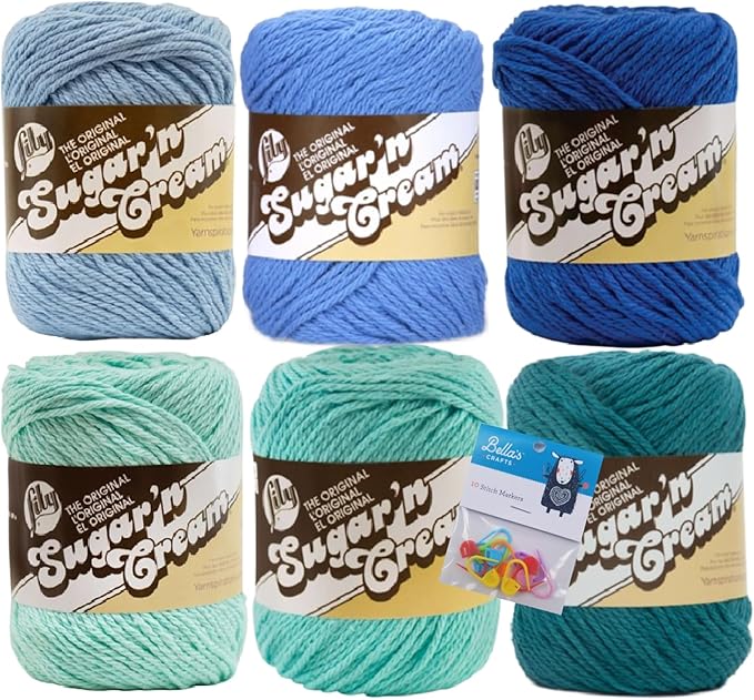Lily Sugar'n Cream 100% Cotton Yarn 6-Pack Bundle with Bella's Crafts Stitch Markers (Blue Mix 2)