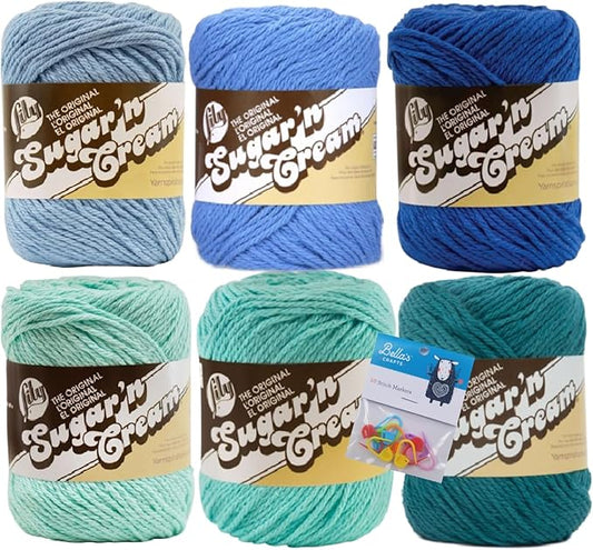 Lily Sugar'n Cream 100% Cotton Yarn 6-Pack Bundle with Bella's Crafts Stitch Markers (Blue Mix 2)