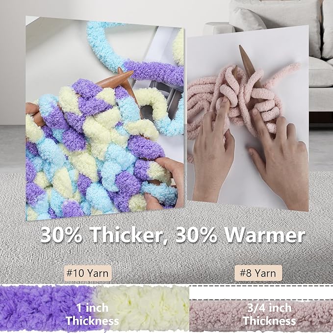 Chunky Yarn for Hand Knitting - #10 Chunky Chenille Blanket Yarn, Jumbo Big Thick Chunky Yarns for Crocheting, Tie Dye Bulky Knit Yarns, 8 Skein (25 yds 8 oz Each Skein), Purple&Yellow&Blue