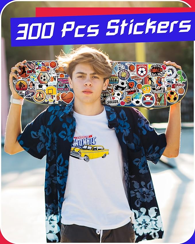 pcnearty 300 pcs sport stickers for kids, sport water bottle stickers, vinyl waterproof laptop sticker for water bottle, bulk sticker packs for boys kids classroom prizes for elementary students