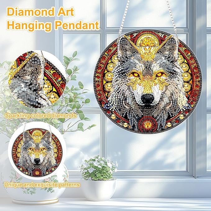 TOSTOG Diamond Art Hanging Kits for Adults, 5D Wolf Diamond Painting for Adults Window Pendant, Special Shape Diamonds Yellow Eye Wolf Diamond Painting Hanging Pendant Kit for Wall Decor Gift