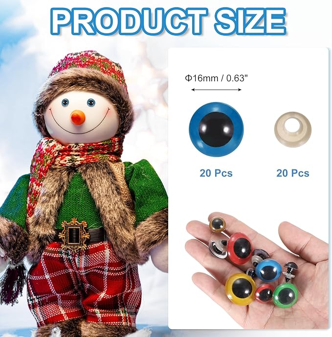 PATIKIL 16mm Safety Eyes, 20Pcs Realistic Doll Crocheting Safety Eyes with Washers for Decor Crochet Accessories Dolls Craft Halloween, Blue