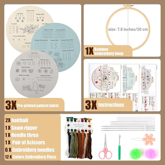 hi-yomilaugh 3 pack beginner embroidery kit & cross stitch kits for adults, needles & tools, easy needlepoint set with step-by-step instructions & video tutorial(botanical garden)