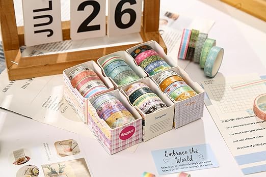 60 Rolls Cute Washi Tape Pack Basic Mini Adhesive Tapes Stars, Plaids, Florals, Grids & Dots Patterns Decorative Masking Tape Sets for Craft, Kids, Scrapbook, DIY, Gift Wrapping (Kawaii)