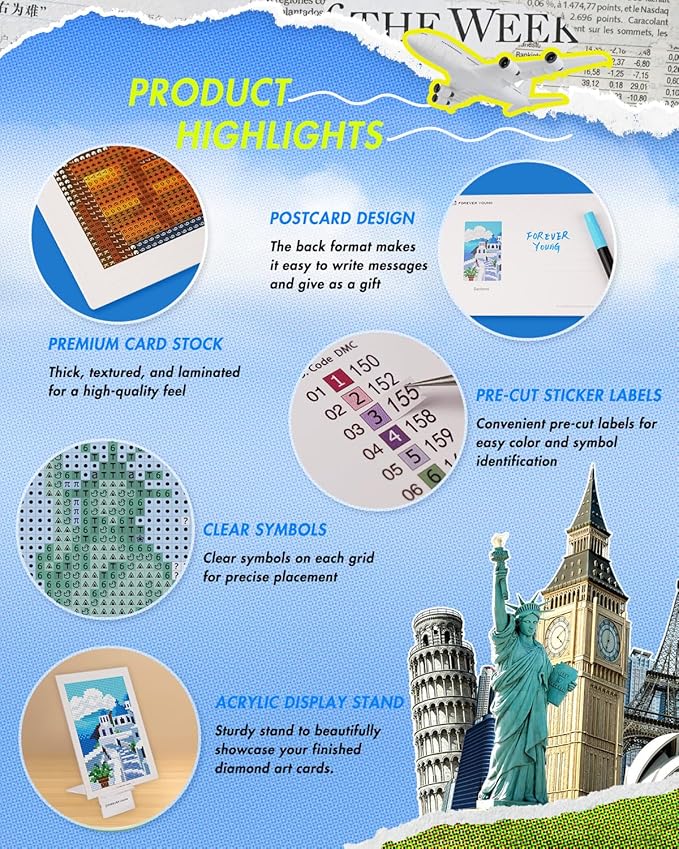 forever young Minigem Small Diamond Art Kits for Beginners, 12Pcs World-Famous Landmark Square Diamond Painting Kits for Adults, 3-Hour Postcard-Style Mini Diamond Art Kits (5x7 Inch)