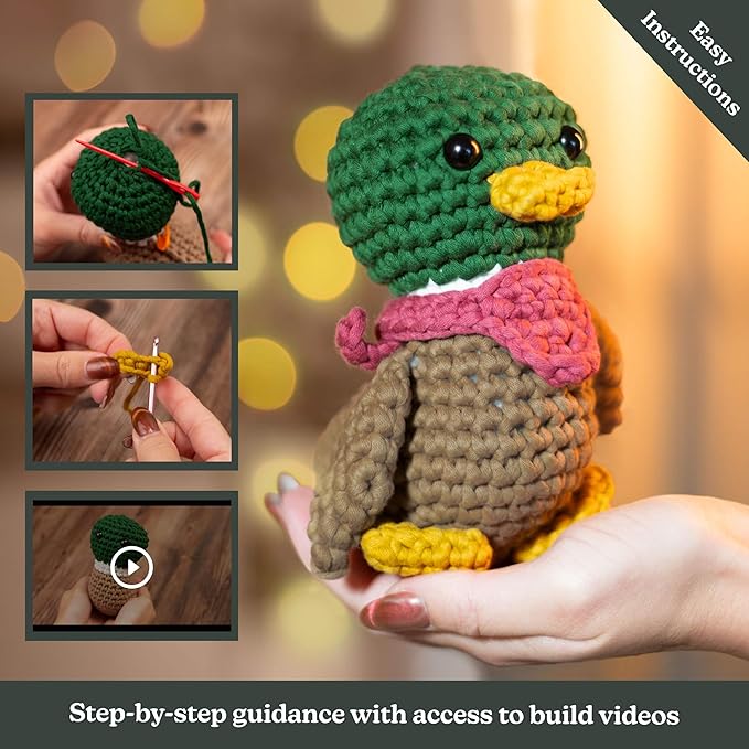 Amigurumi Crochet Kit for Beginners Adults and Kids, Learn to Crochet Kits for Adults Beginner with Easy Yarn, Stuffed Crochet Animal Kit with Step-by-Step Video Tutorials - Dale the Duck