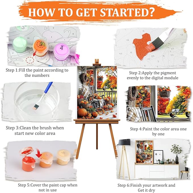 MAXBYE Paint by Numbers, Autumn Porch Adults' Paint by Number Kits, DIY Acrylic Paint Kit for Adults Beginners Unframed, Pumpkins Easy Oil Paint by Numbers Canva for Home Wall Decor 12x16inch