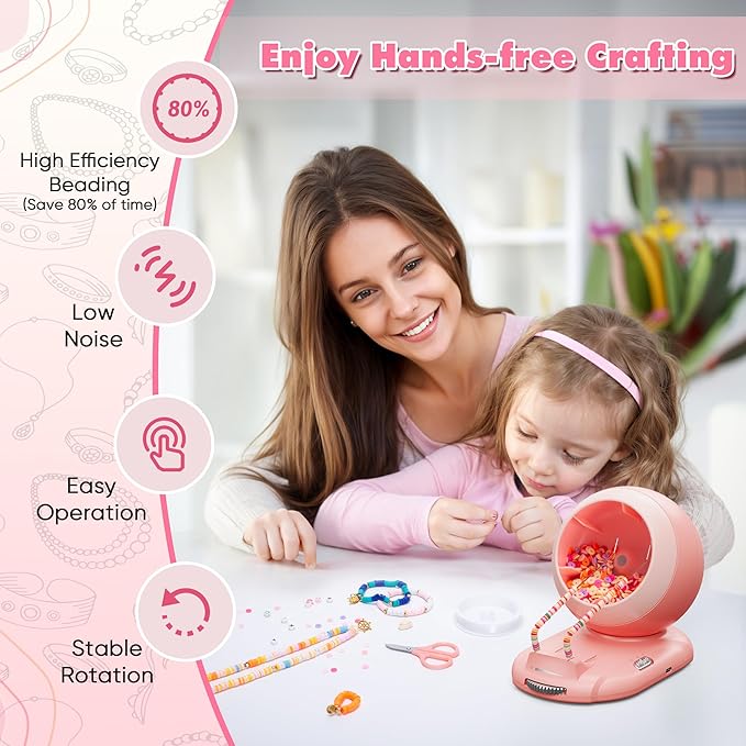 ETUDAW Bead Spinner, Rechargeable Electric Clay Bead Spinner Kit for Bracelet Making, Beginner Clay Beads Kit with Dual Needles and Adjustable Speed, Gift for Holidays, Birthdays (Pink)