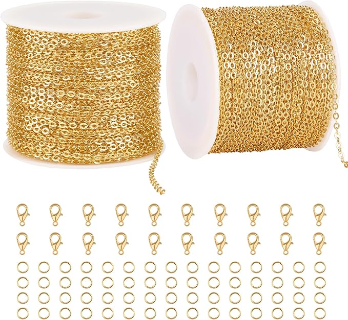 Crisjanggo 2 Rolls Total 65.6 Feet Stainless Steel Chains Gold Plated Cross Jewelry Chain Roll for DIY Jewelry Bracelet Necklace Making with Lobster Clasps Jump Rings
