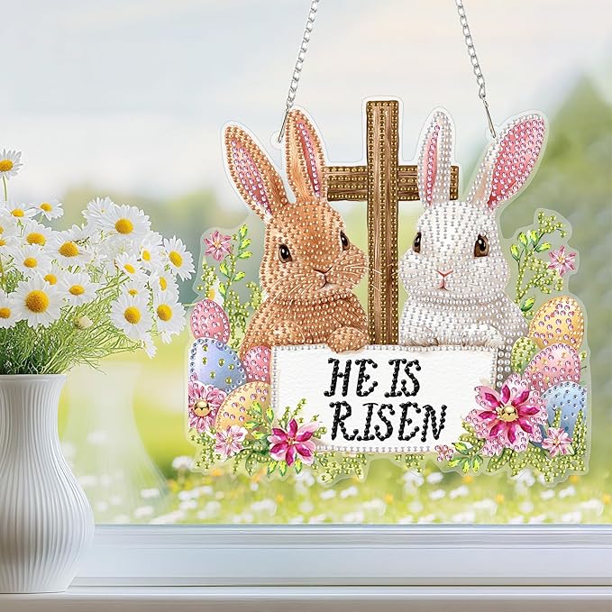 Happy Easter Bunny DIY Hanging Diamond Art Pendant Kit, Special Crystal Diamond Painting Ornament Kits for Adults Beginners, Double Sided Acrylic Board Gem Painting Box Kit, He Is Risen Funny Easter