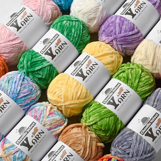 12 Pack Multicolor Crochet Yarn, Fluffy Chunky Chenille Yarn for Crocheting, Fuzzy Velvet Yarn for Crochet Kit, Baby Yarn for Crocheting Soft Amigurumi Yarn Set B (100g/87yds Each)
