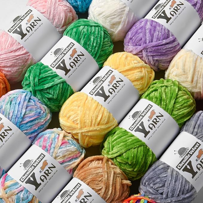12 Pack Multicolor Crochet Yarn, Fluffy Chunky Chenille Yarn for Crocheting, Fuzzy Velvet Yarn for Crochet Kit, Baby Yarns for Crocheting Soft Amigurumi Yarns Set E (100g/87yds Each)