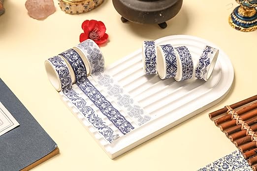 Blue & White Porcelain Washi Tape Set, Traditional Chinese Ceramic Pattern Decorative Masking Tapes, Oriental Art for Craft, Scrapbook, DIY, Gift Wrapping (1-Porcelain Grace/20 Rolls)