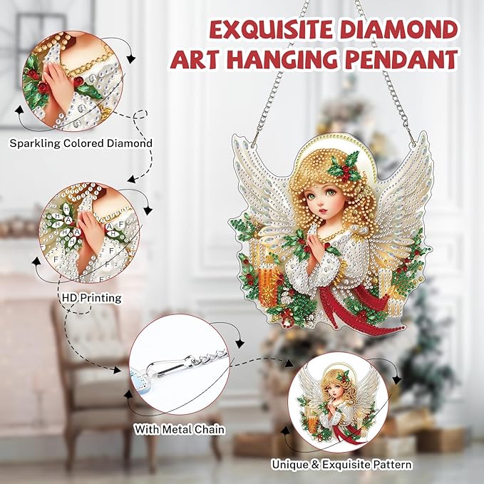 Bowetile Christmas Diamond Art Hanging Kits for Adults, Angel Diamond Art Suncatchers, 5D Special Shape Diamond Painting Pendant Window Ornament Christmas Gifts for Home Door Wall Decor
