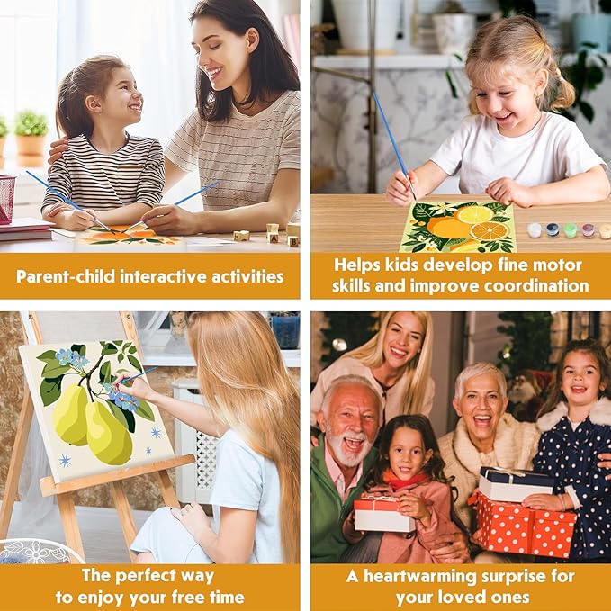 4 Pack Paint by Number for Kids with Wooden Frame, Lovely Watercolor Fruit Paint by Numbers for Kids Ages 8-12, Orange, Lemon, Peach, Pear, DIY Acrylic Oil Painting for Home Wall Decor 8X8 inch