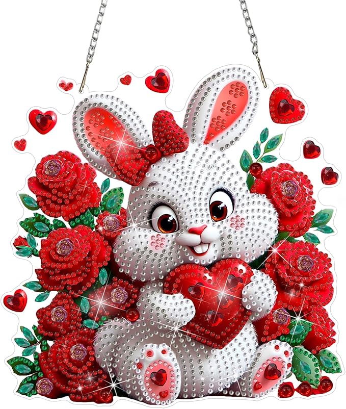 DOMROM Rabbit Diamond Art Hanging Kits for Adults Beginner, Special Shaped Crystal Diamond Painting Rabbit Pendant, DIY Diamond Art Suncatchers Animal for Home Garden Wall Decor Gift