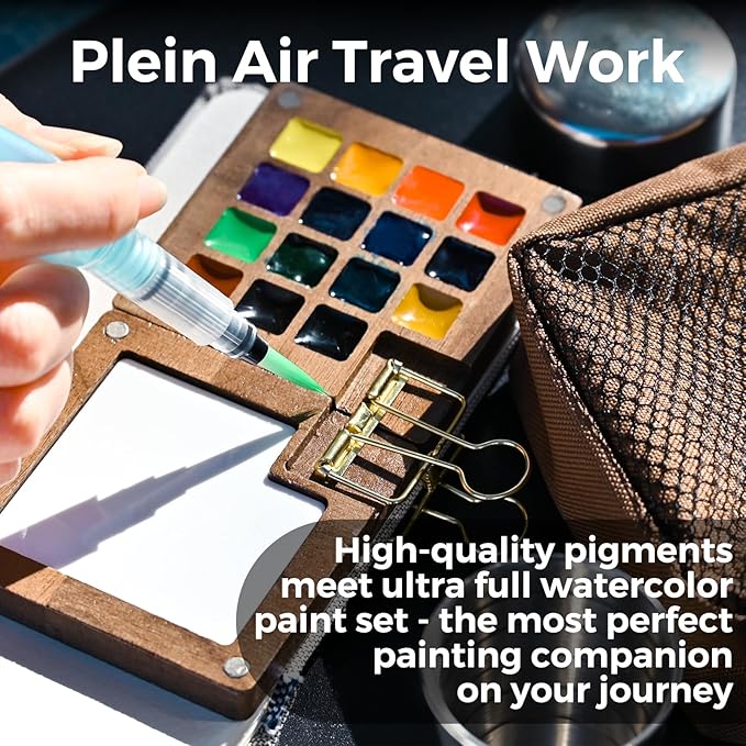 Funto Mini Watercolor Paint Set, All-in-One Walnut Wood 15-Color Premium Pocket Travel Paint Kit, with Crossbody Bag,Watercolor Journal, Metal Clip, Paint Water Cup, Water Brush Ideal for Art Lovers