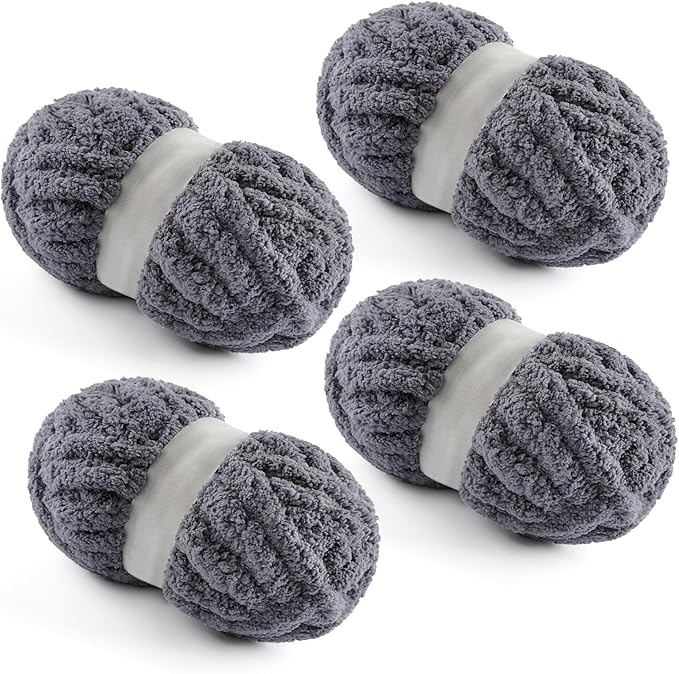 4 Pack Chunky Yarn for Hand Knitting - Chunky Chenille Blanket Yarn for Crocheting - Jumbo Fluffy Yarn for Crochet - Super Bulky Yarn 28.4 yds 7.7 oz Each Skein (Dark Gray)