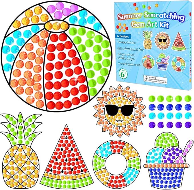 Qyeahkj 6pcs Summer Arts and Crafts Kits Suncatcher Easy Art Craft for Kids Children Teenagers at 4-12 DIY Fun Sun Fruit Diamond Painting Kits for Girls Boys Ages 3 4 5 6 8 10 12
