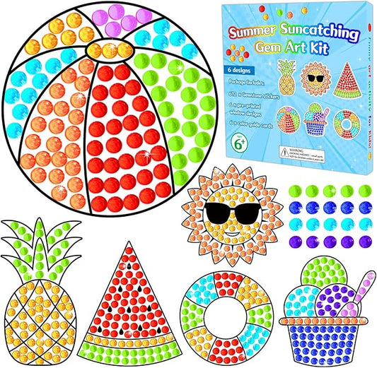 Qyeahkj 6pcs Summer Arts and Crafts Kits Suncatcher Easy Art Craft for Kids Children Teenagers at 4-12 DIY Fun Sun Fruit Diamond Painting Kits for Girls Boys Ages 3 4 5 6 8 10 12