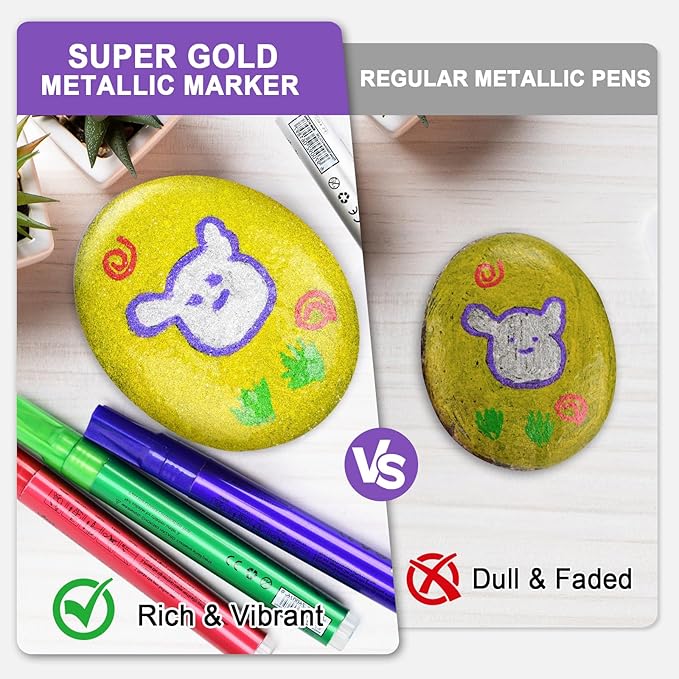 IVSUN Super Golden Metallic Markers, 18 Colors Glitter Acrylic Paint Pens for Black Paper, Rock, Glass, Wood, Scrapbooking, Photo Albums, Card Making, DIY Crafts Supplies, Easter Basket Stuffers