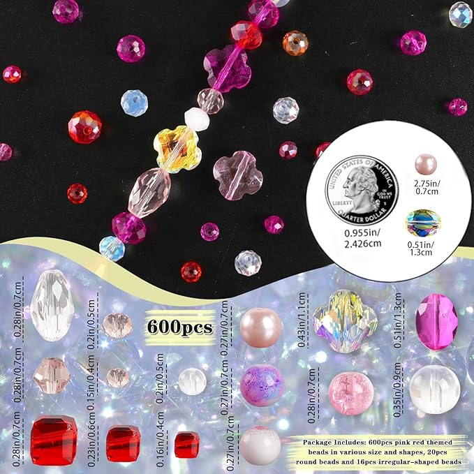 636pcs glass beads for jewelry making - pink red valentine's day craft crystal beads with loose beads sparkly faceted beads hole drilled diy for bracelets craft earrings necklace jewelry making