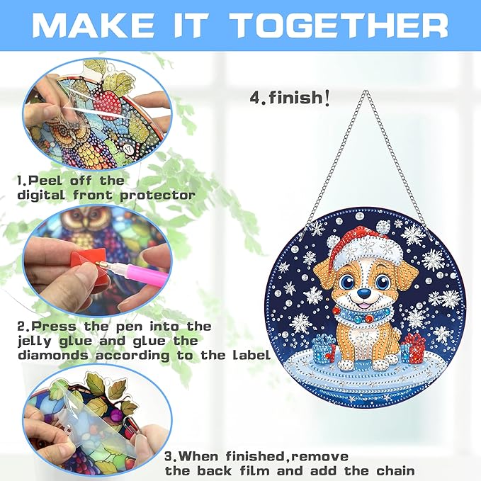VAIIEYO Christmas Diamond Art Hanging Ornament, Dog Diamond Painting Suncatchers Window Hanging Kit with Chain, 7.5x7.5 inch Crystal Pendant Art Craft for Gift Home Wall Front Door Decoration