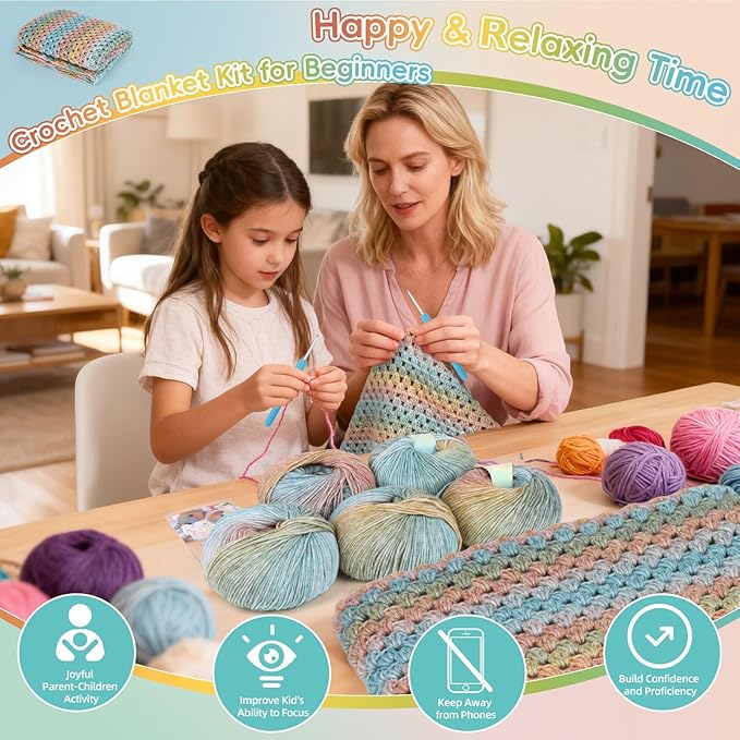 Aeelike Blanket Crochet Kit for Beginners, Super Easy Crochet Blanket Kit with Soft & Colorful Gradient Yarns Detailed Video Tutorials Crocheting Accessories, Classical Gradient & Ideal Gift