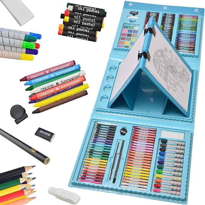 Sunnyglade 185 Pieces Double Sided Trifold Easel Art Set, Drawing Art Box with Oil Pastels, Crayons, Colored Pencils, Markers, Paint Brush, Watercolor Cakes, Sketch Pad (Blue)