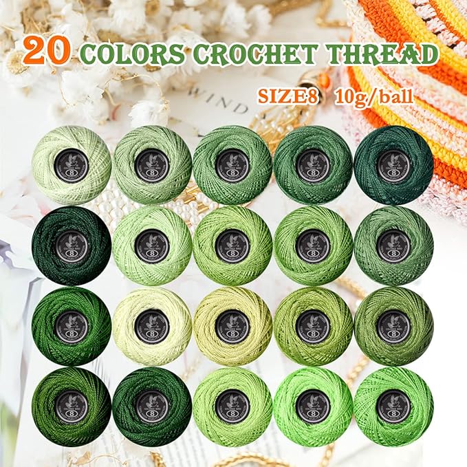 Soft 20 Colors Classic Crochet Thread 20 Pack,100% Cotton (Christmas Green-369-702)